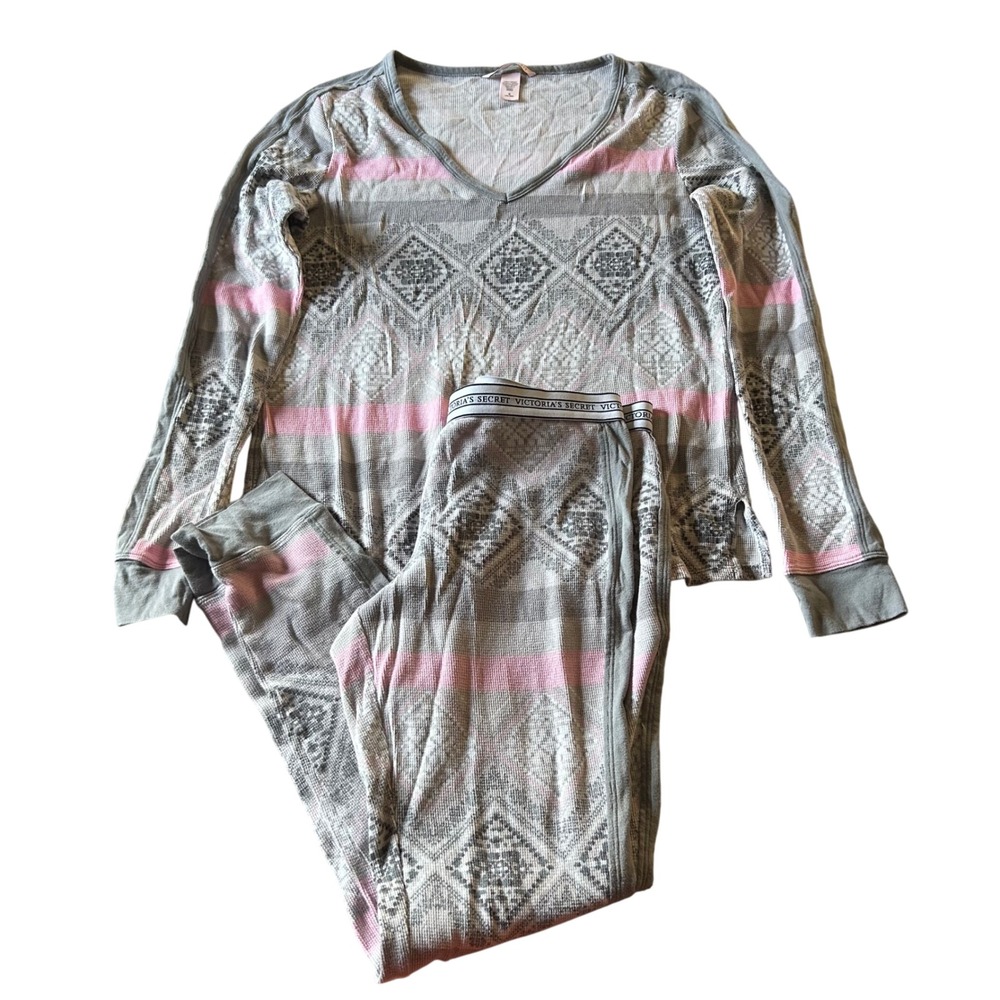 Victoria's Secret Two Piece Pajama Set Womens Size Medium Gray Pink Pajamas Pjs